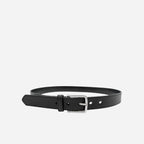 GLENDALE - Women's Black Genuine Leather Skinny Belt with Brushed Silver Buckle