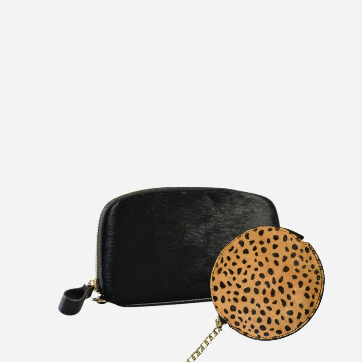 Gift Set | CARMICHAEL Black Cowhide Leather Wristlet Purse & LORN Calf Hair Key Ring Coin Purse
