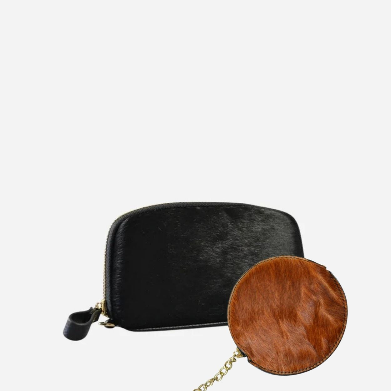 Gift Set | CARMICHAEL Black Cowhide Leather Wristlet Purse & LORN Calf Hair Key Ring Coin Purse