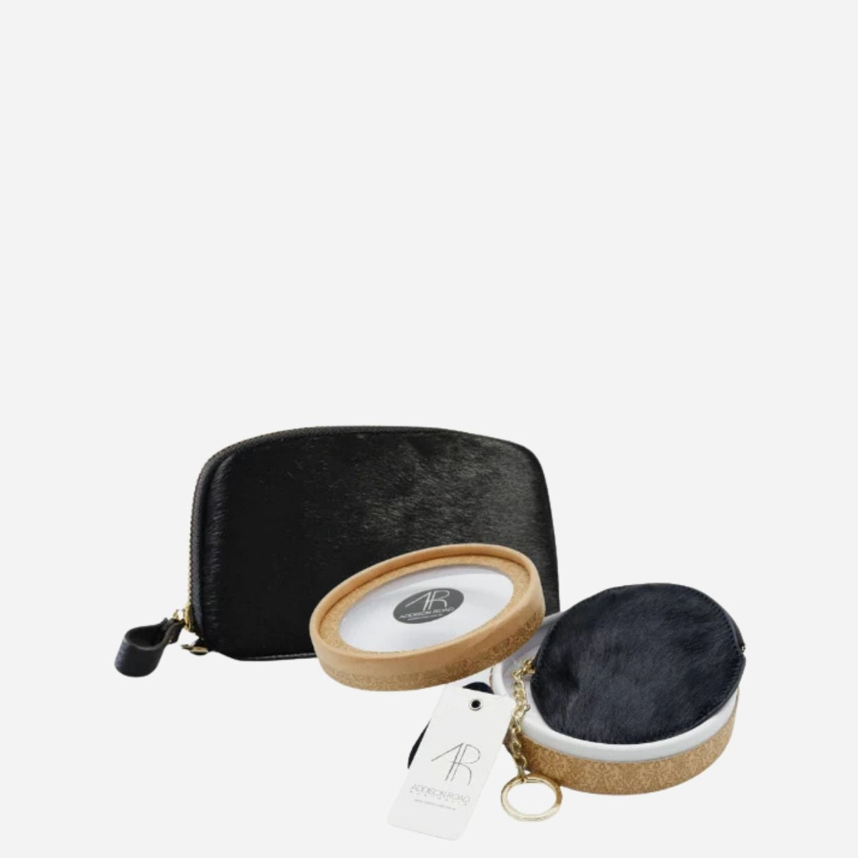Gift Set | CARMICHAEL Black Cowhide Leather Wristlet Purse & LORN Calf Hair Key Ring Coin Purse
