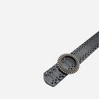 IRIS - Women's Black Genuine Leather Belt with Round Silver buckle