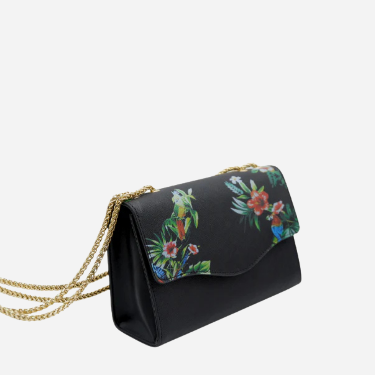 IVANHOE - Addison Road Black Leather Clutch Bag with Tropical Print