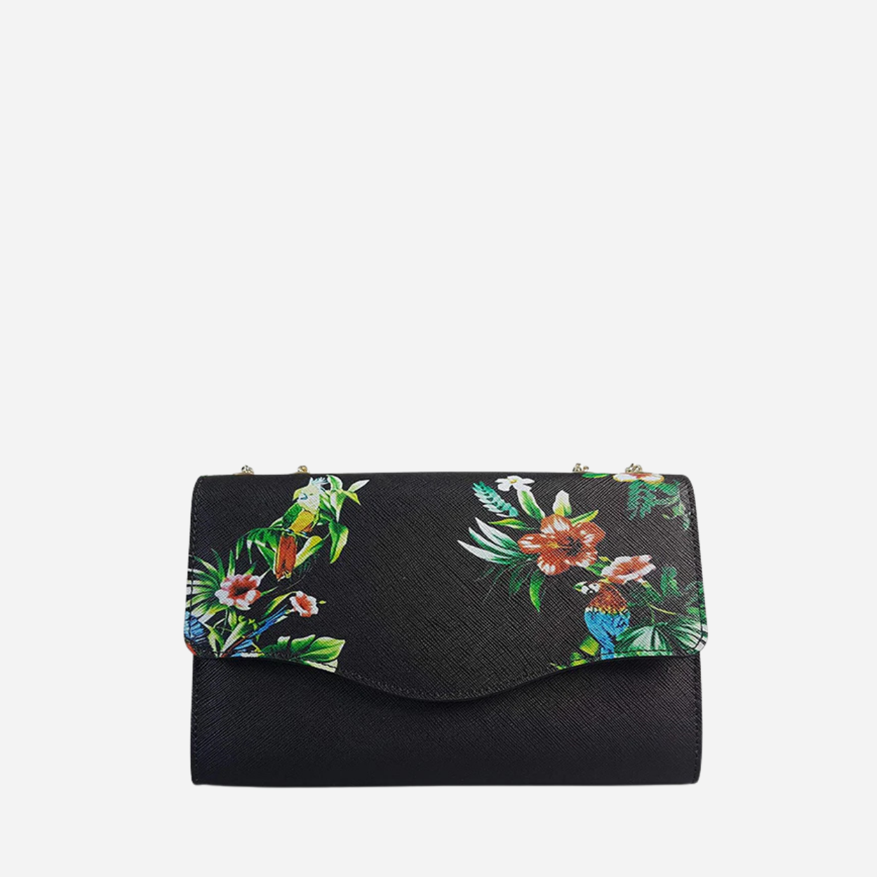 IVANHOE - Addison Road Black Leather Clutch Bag with Tropical Print