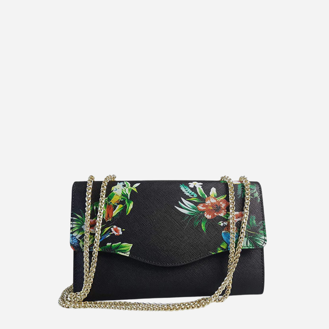 IVANHOE - Addison Road Black Leather Clutch Bag with Tropical Print