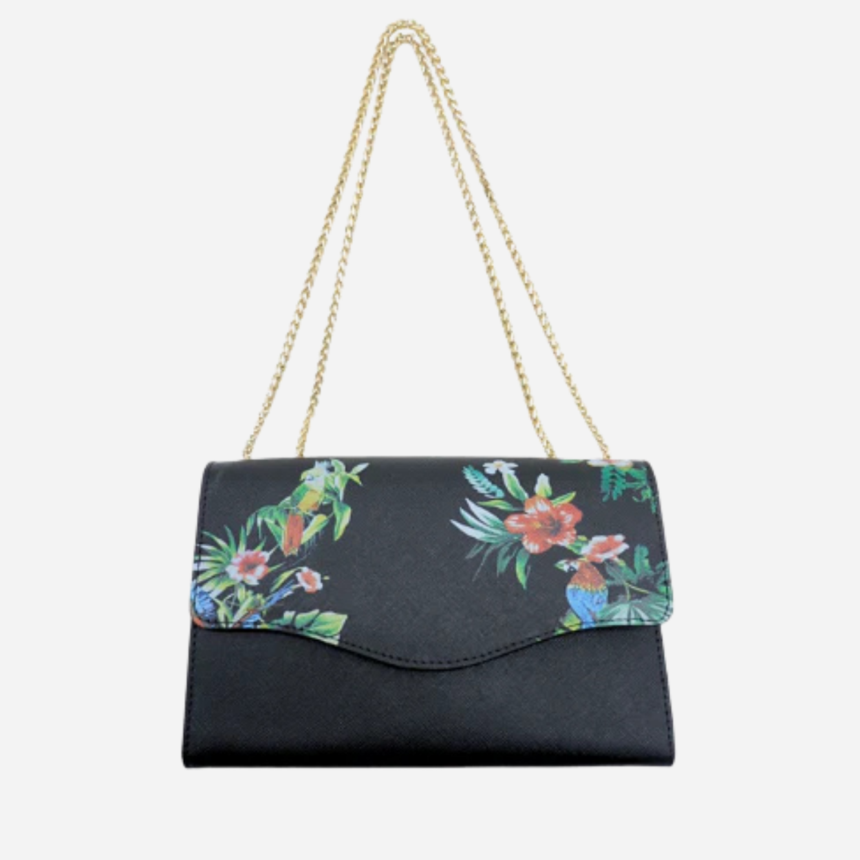 IVANHOE - Addison Road Black Leather Clutch Bag with Tropical Print