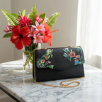 IVANHOE - Addison Road Black Leather Clutch Bag with Tropical Print
