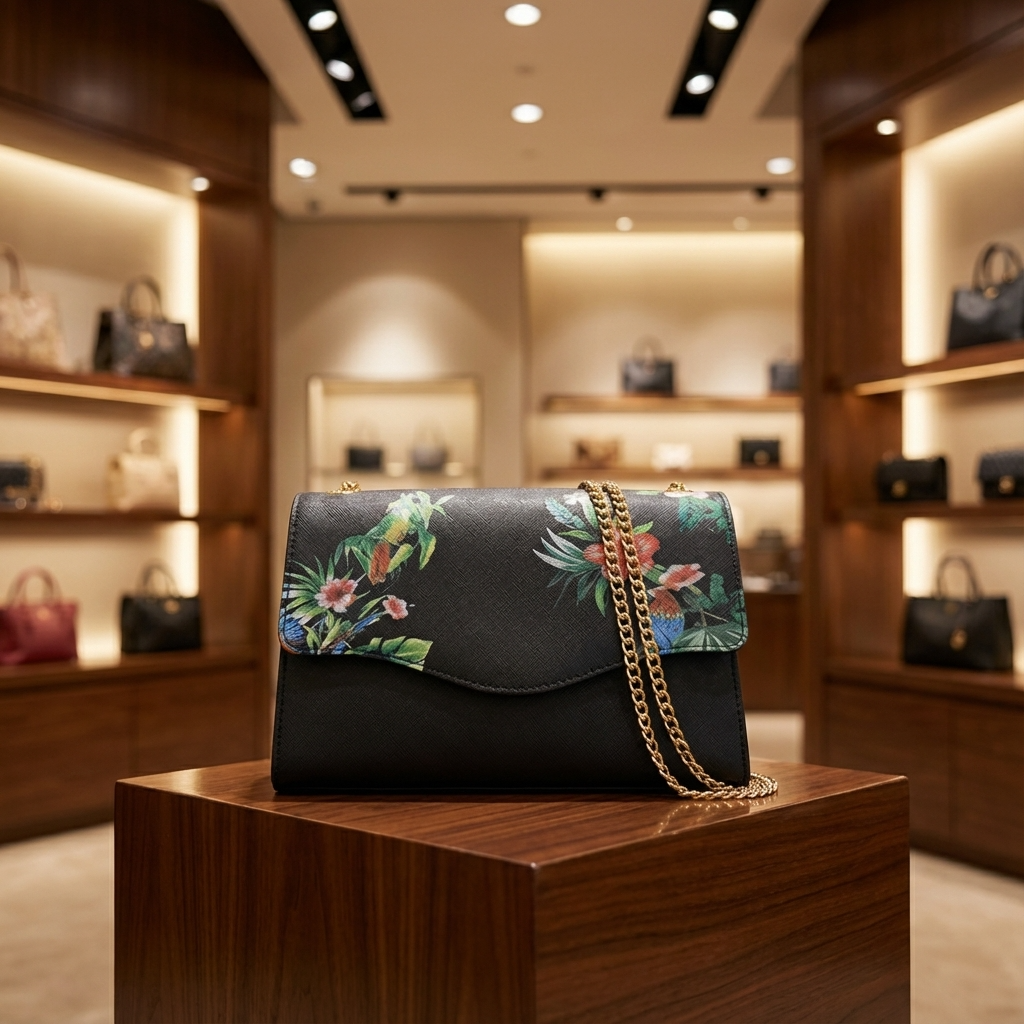 IVANHOE - Addison Road Black Leather Clutch Bag with Tropical Print