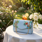 IVANHOE - Addison Road Blue Leather Clutch Bag with Tropical Print