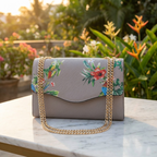 IVANHOE - Addison Road Taupe Leather Clutch Bag with Tropical Print