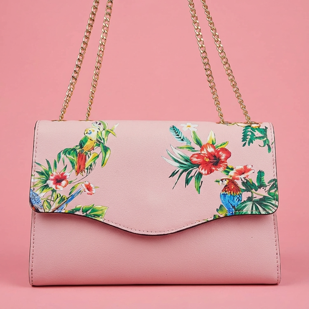 IVANHOE - Addison Road Blush Leather Clutch Bag with Tropical Print
