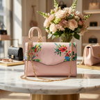 IVANHOE - Addison Road Blush Leather Clutch Bag with Tropical Print