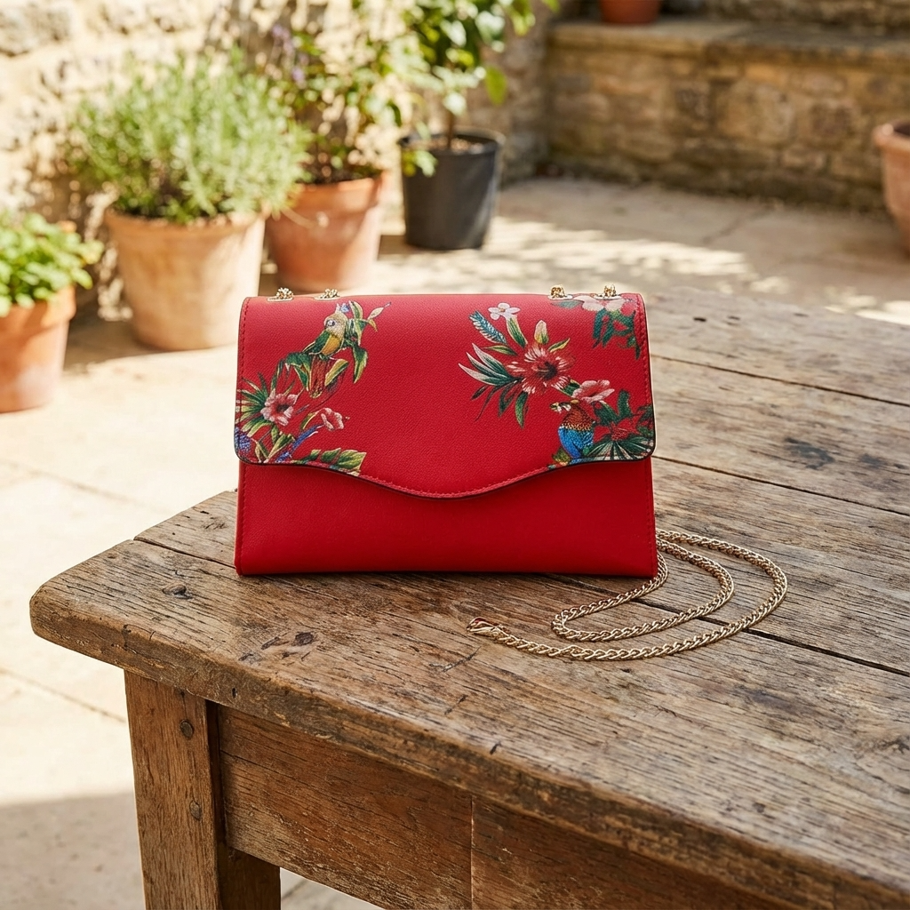 IVANHOE - Addison Road Red Leather Clutch Bag with Tropical Print