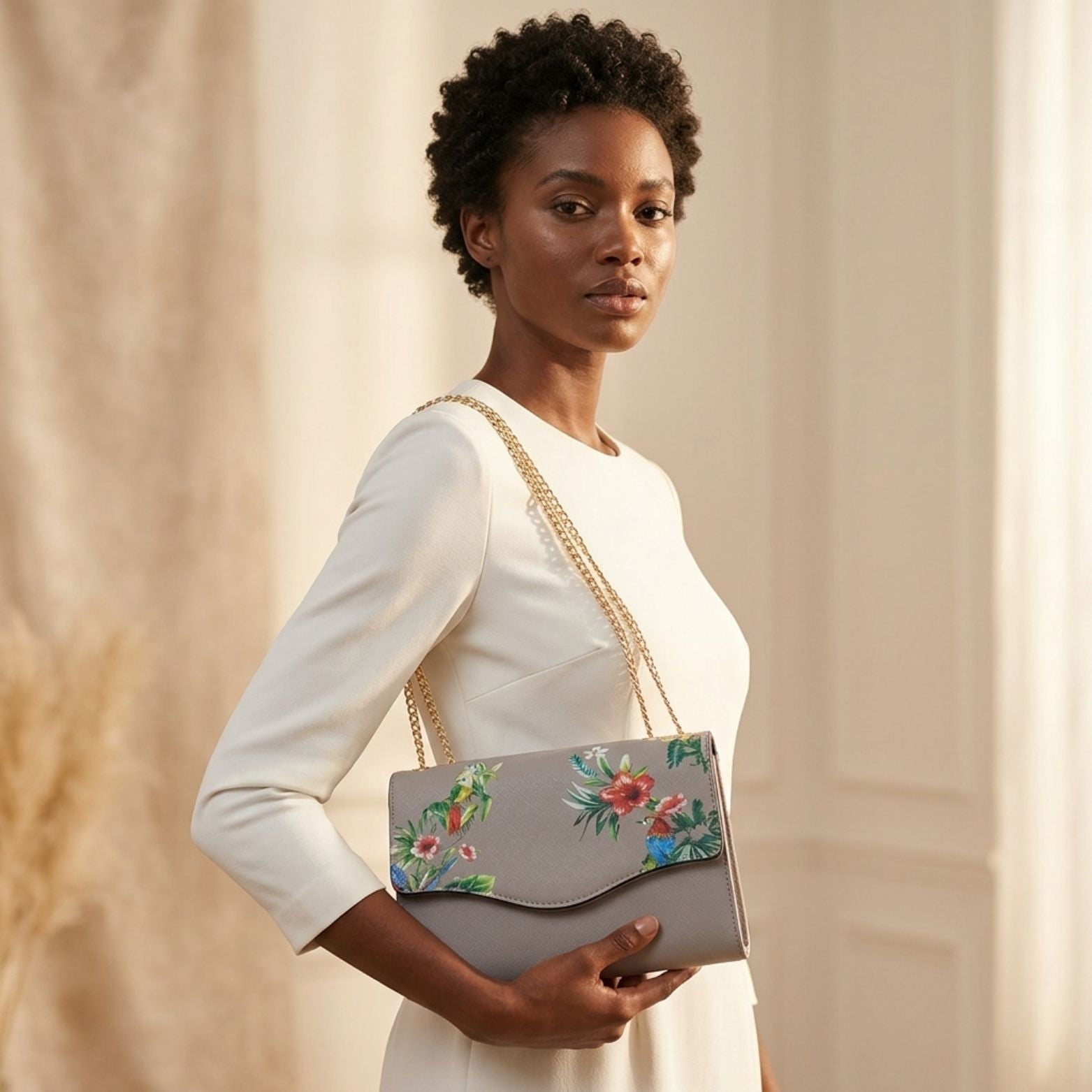 IVANHOE - Addison Road Taupe Leather Clutch Bag with Tropical Print