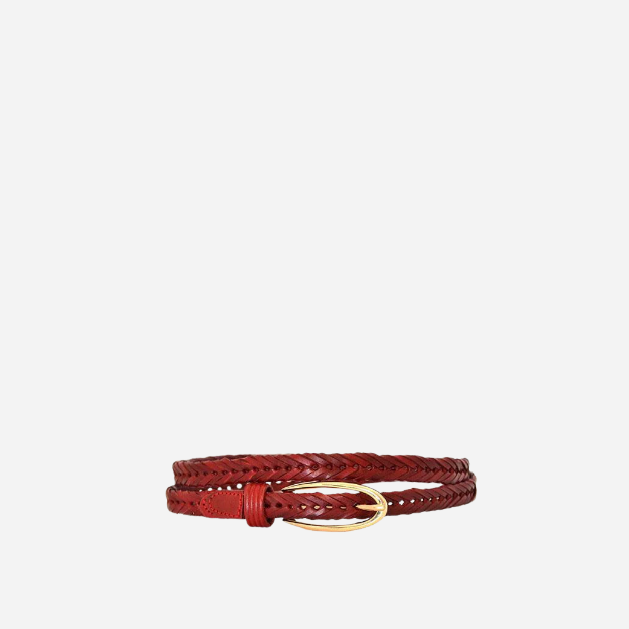 KELLY - Womens Red Plaited Skinny Leather Belt with Gold Oval Buckle - BeltNBags