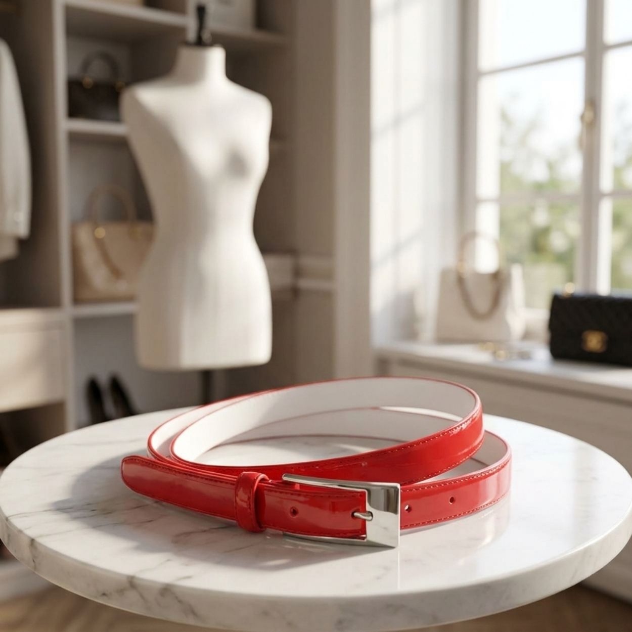 LACEY - Women's Red Skinny Genuine Leather Patent Belt with Silver Buckle - BeltNBags