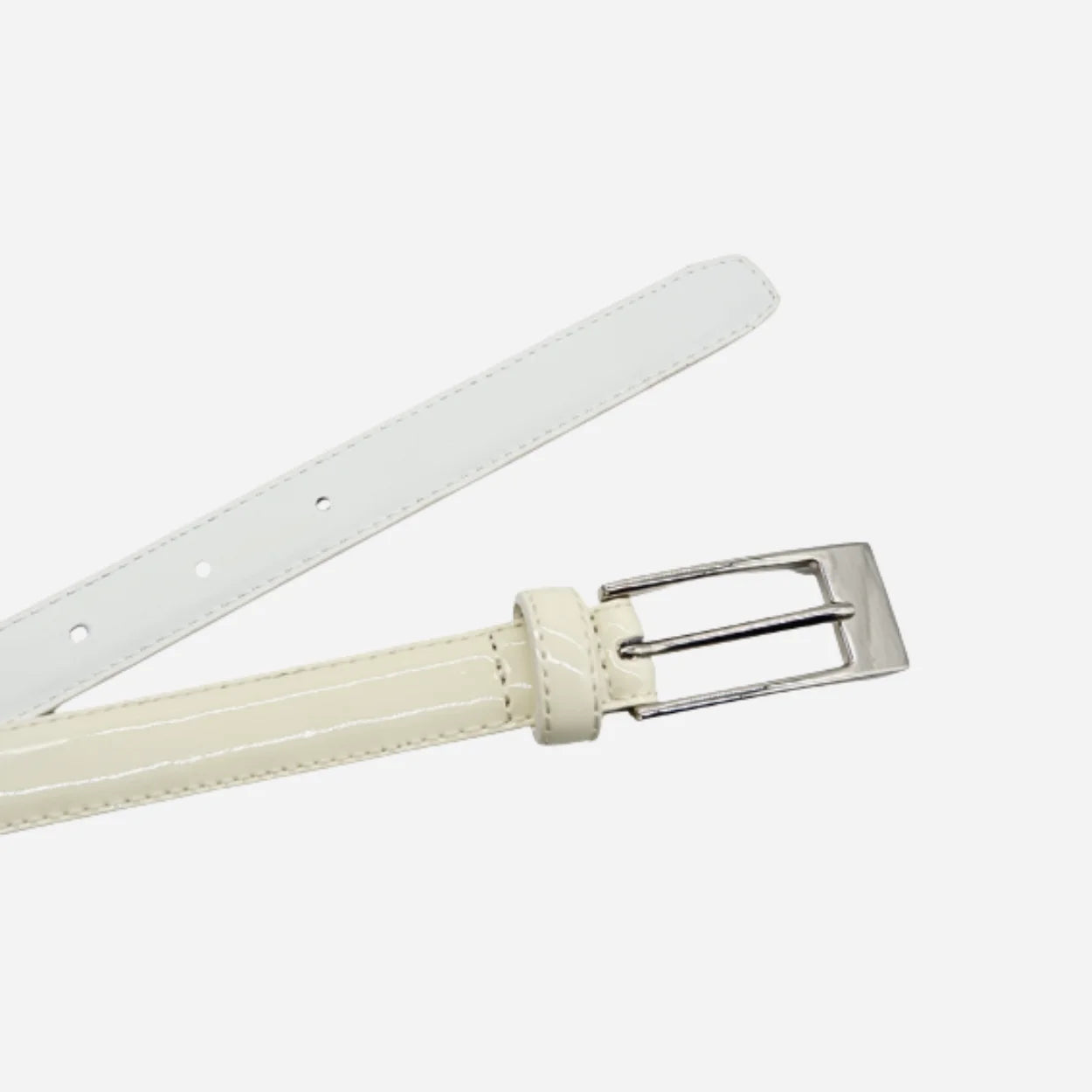 LACEY - Womens Off-White Skinny Genuine Leather Patent Belt with Silver Buckle