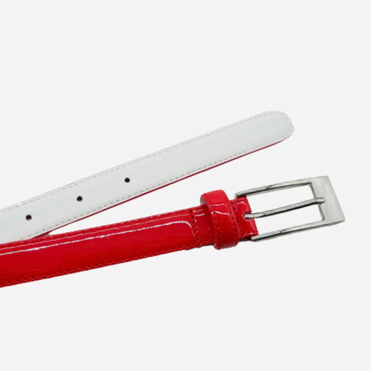 LACEY - Women's Red Skinny Genuine Leather Patent Belt with Silver Buckle