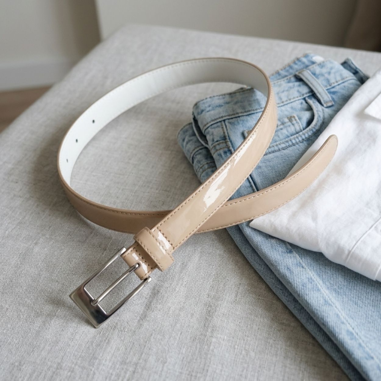 LACEY - Womens Nude Genuine Leather Patent Skinny Belt - BeltNBags
