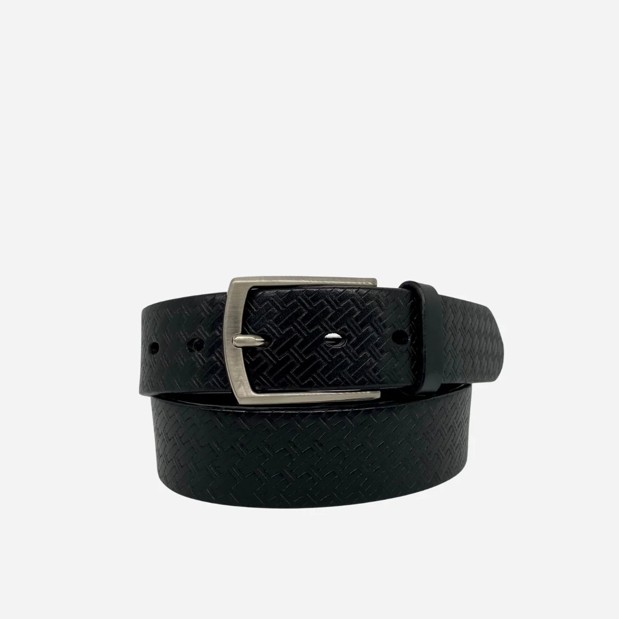 FABIAN - Mens Black Genuine Leather Textured Belt with Silver Buckle