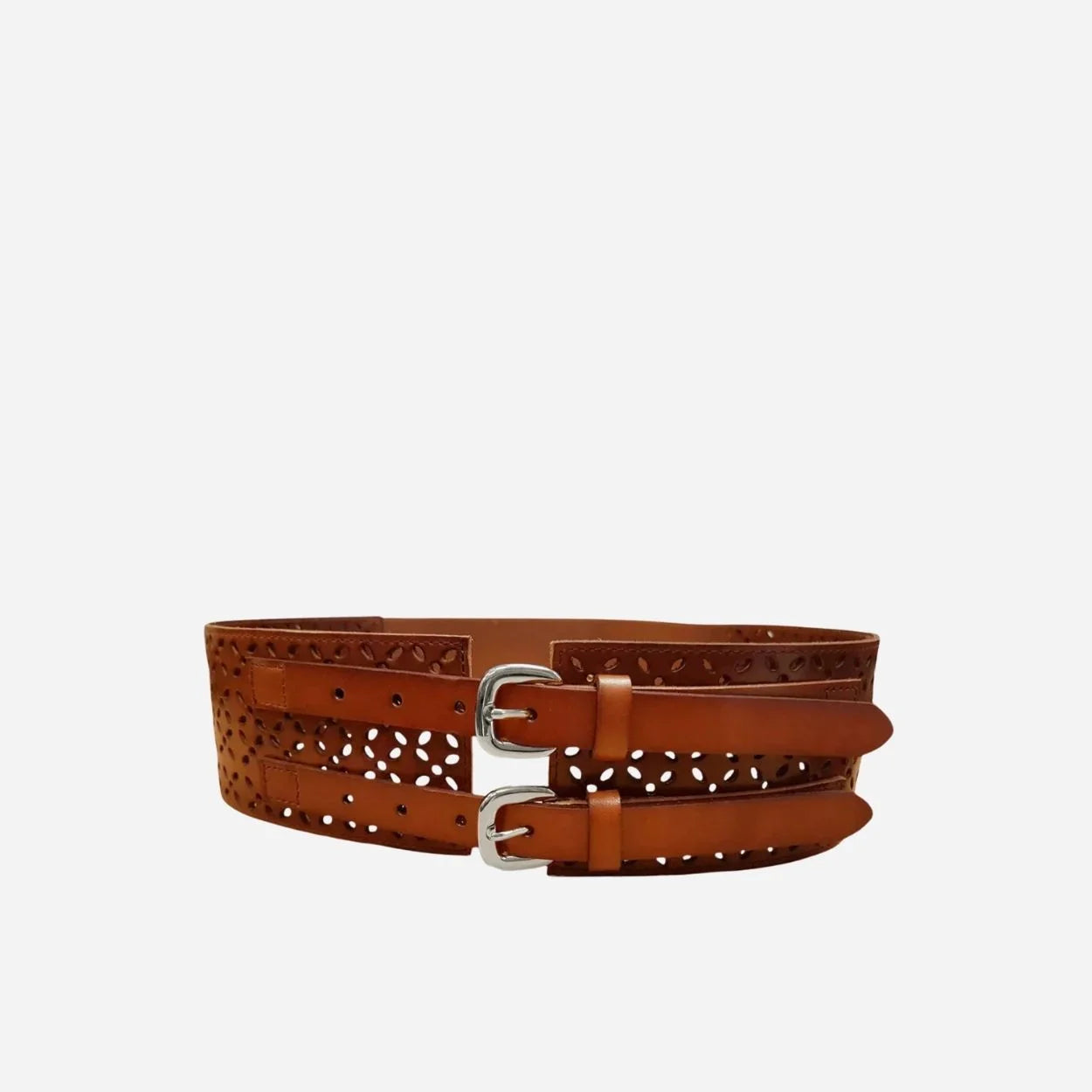 PICTON - Addison Road Tan Leather Wide Waist Cincher Belt with Double Buckles