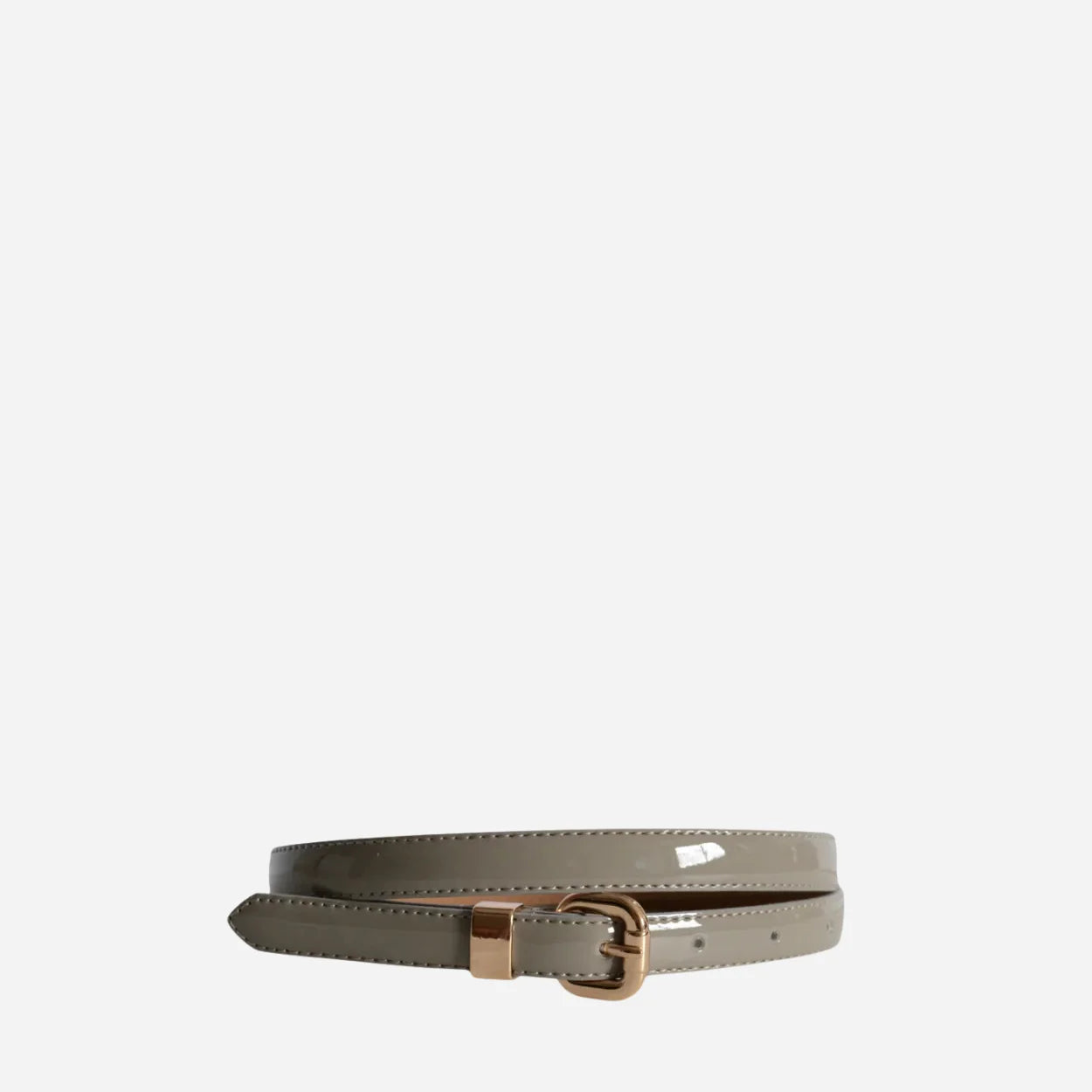 QUEENS PARK - Womens Skinny Grey Patent Leather Belt with Gold Buckle