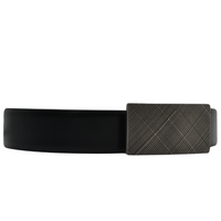 Elegant Smith black leather belt with small box pattern on dark grey buckle.