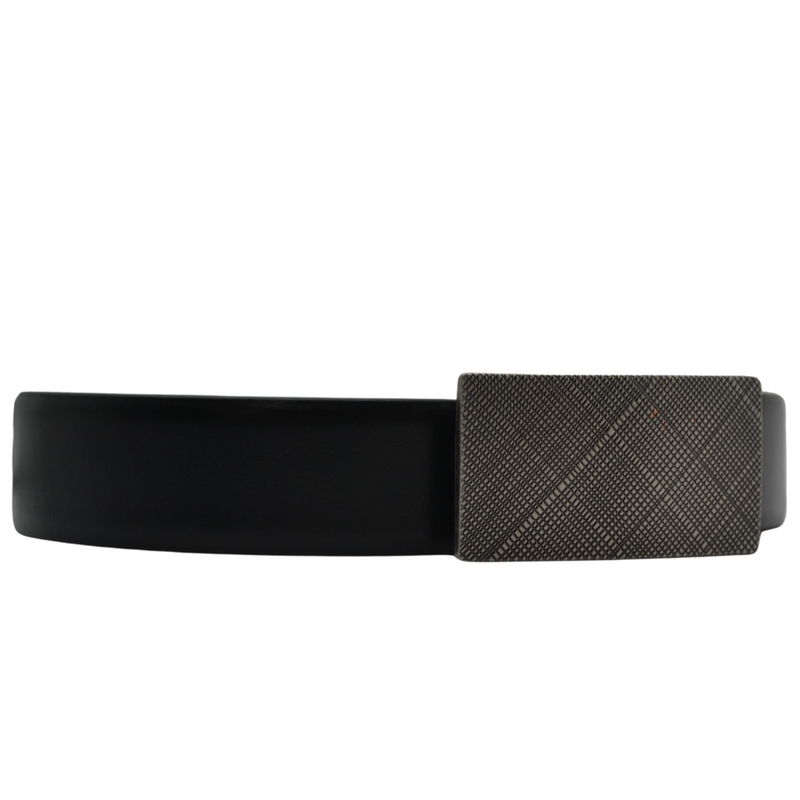 Elegant Smith black leather belt with small box pattern on dark grey buckle.