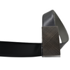 Close-up of Smith black leather belt showing grey interior and dark grey buckle.