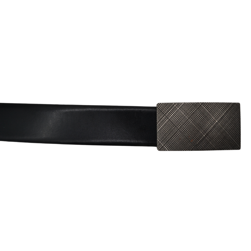 Elegant Smith black leather belt with small box pattern on dark grey buckle.