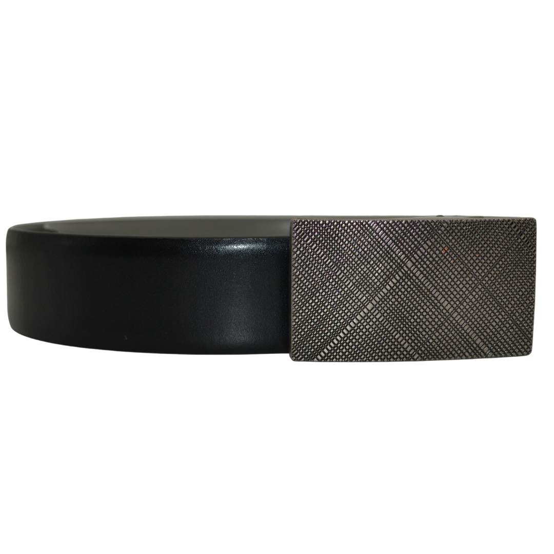 Elegant Smith black leather belt with small box pattern on dark grey buckle.
