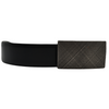 Elegant Smith black leather belt with small box pattern on dark grey buckle.