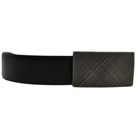 Elegant Smith black leather belt with small box pattern on dark grey buckle.
