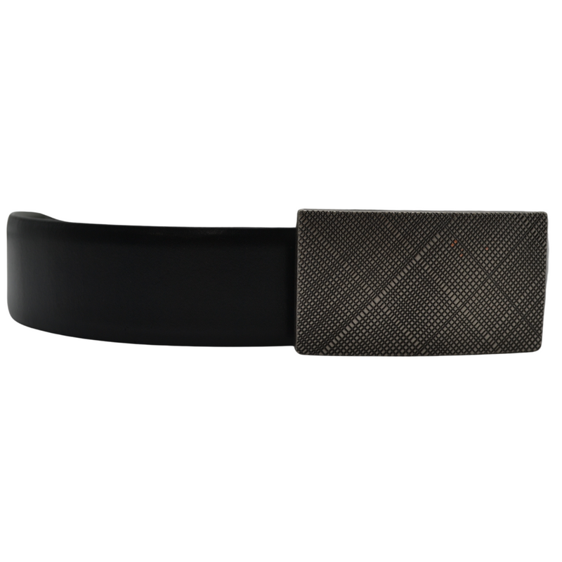 Elegant Smith black leather belt with small box pattern on dark grey buckle.