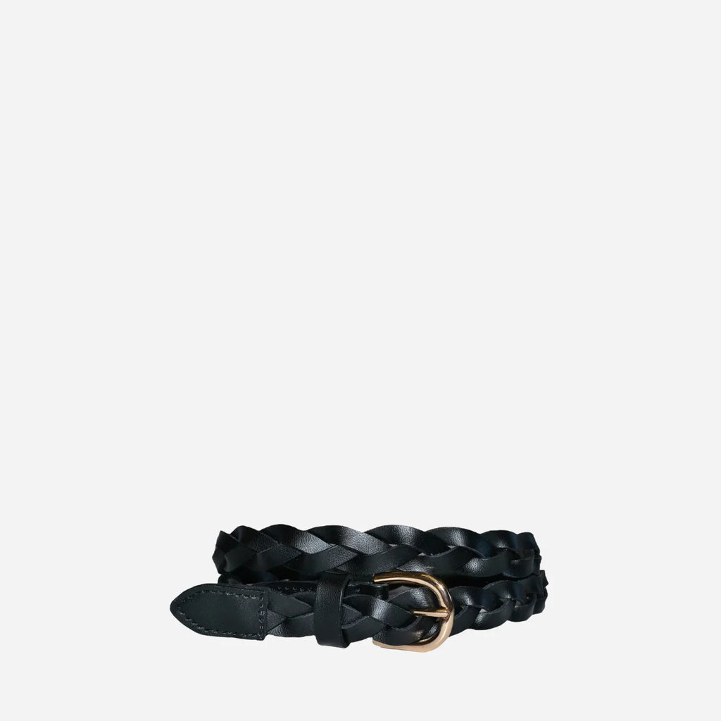WAVERLY - Womens Black Skinny Leather Plaited Belt with Gold Buckle