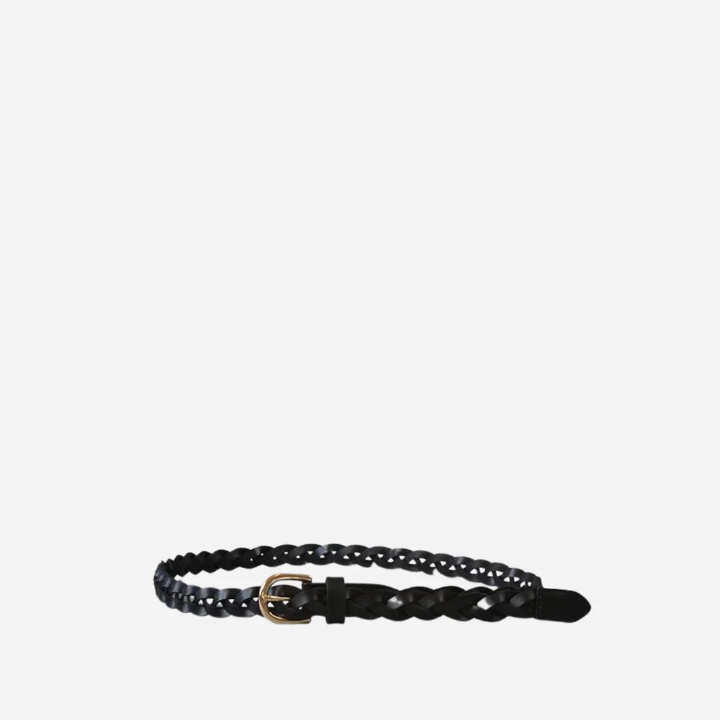 WAVERLY - Womens Black Skinny Leather Plaited Belt with Gold Buckle