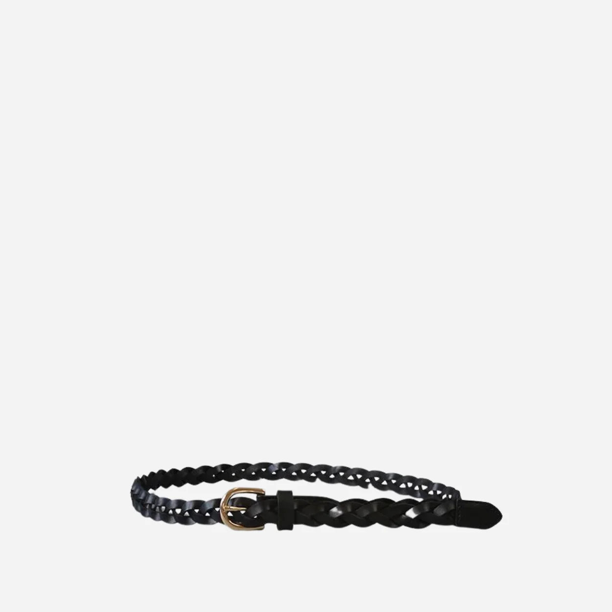 WAVERLY - Womens Black Skinny Leather Plaited Belt with Gold Buckle