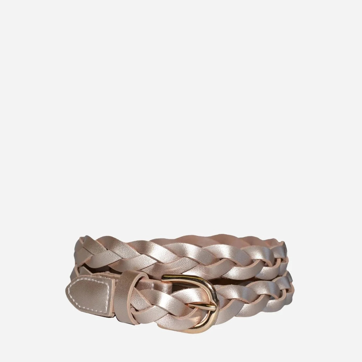 WAVERLY - Women's Rose Gold Skinny Leather Plaited Belt with Gold Buckle