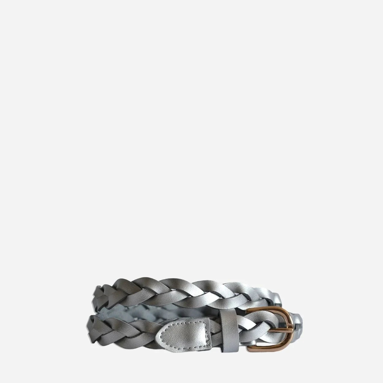 WAVERLY - Women's Silver Skinny Leather Plaited Belt with Gold Buckle