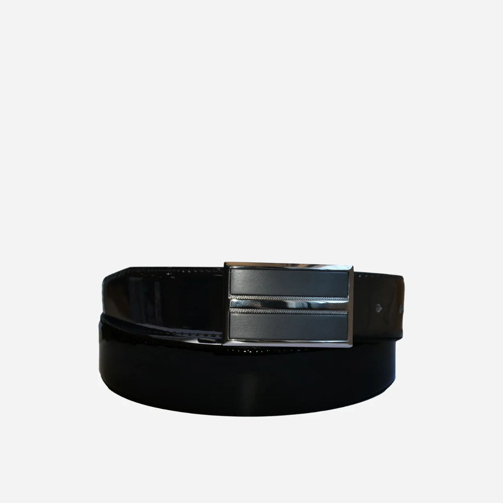 WILLIAM - Men's Black Patent Reversible Genuine Leather Belt with Shield Buckle