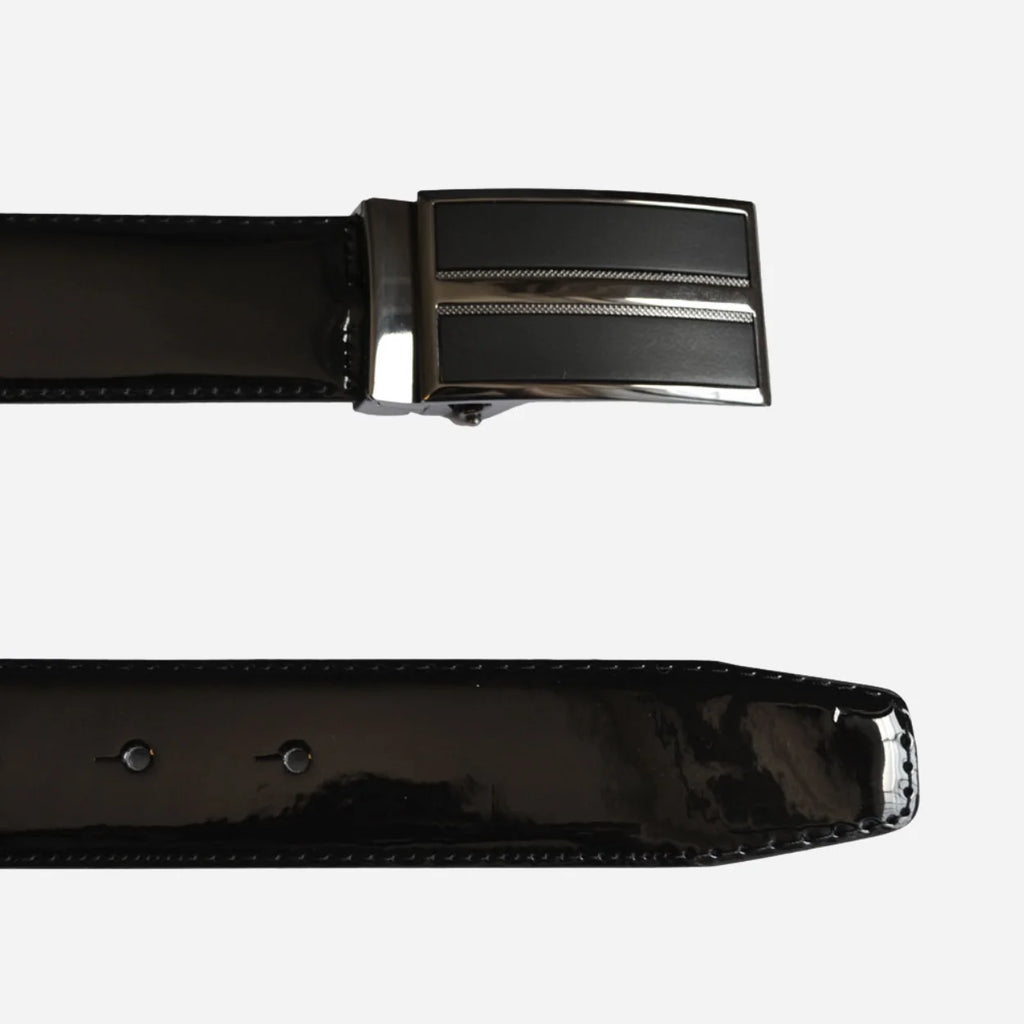 WILLIAM - Men's Black Patent Reversible Genuine Leather Belt with Shield Buckle