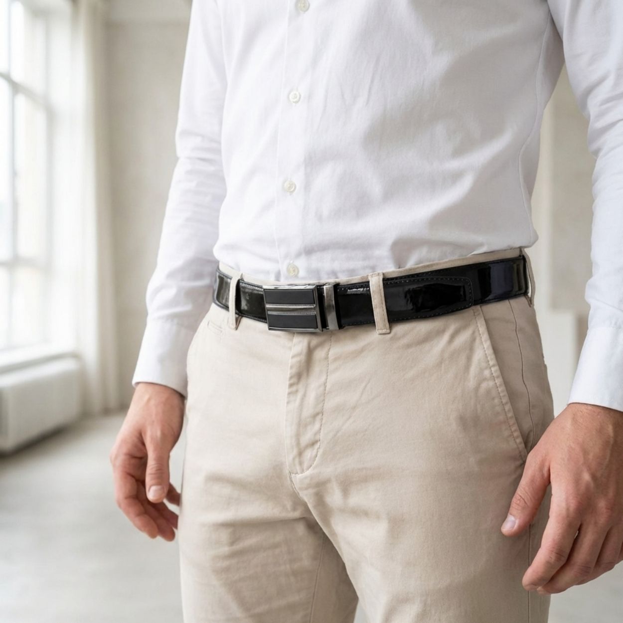 WILLIAM - Men's Black Patent Reversible Genuine Leather Belt with Shield Buckle - BeltNBags