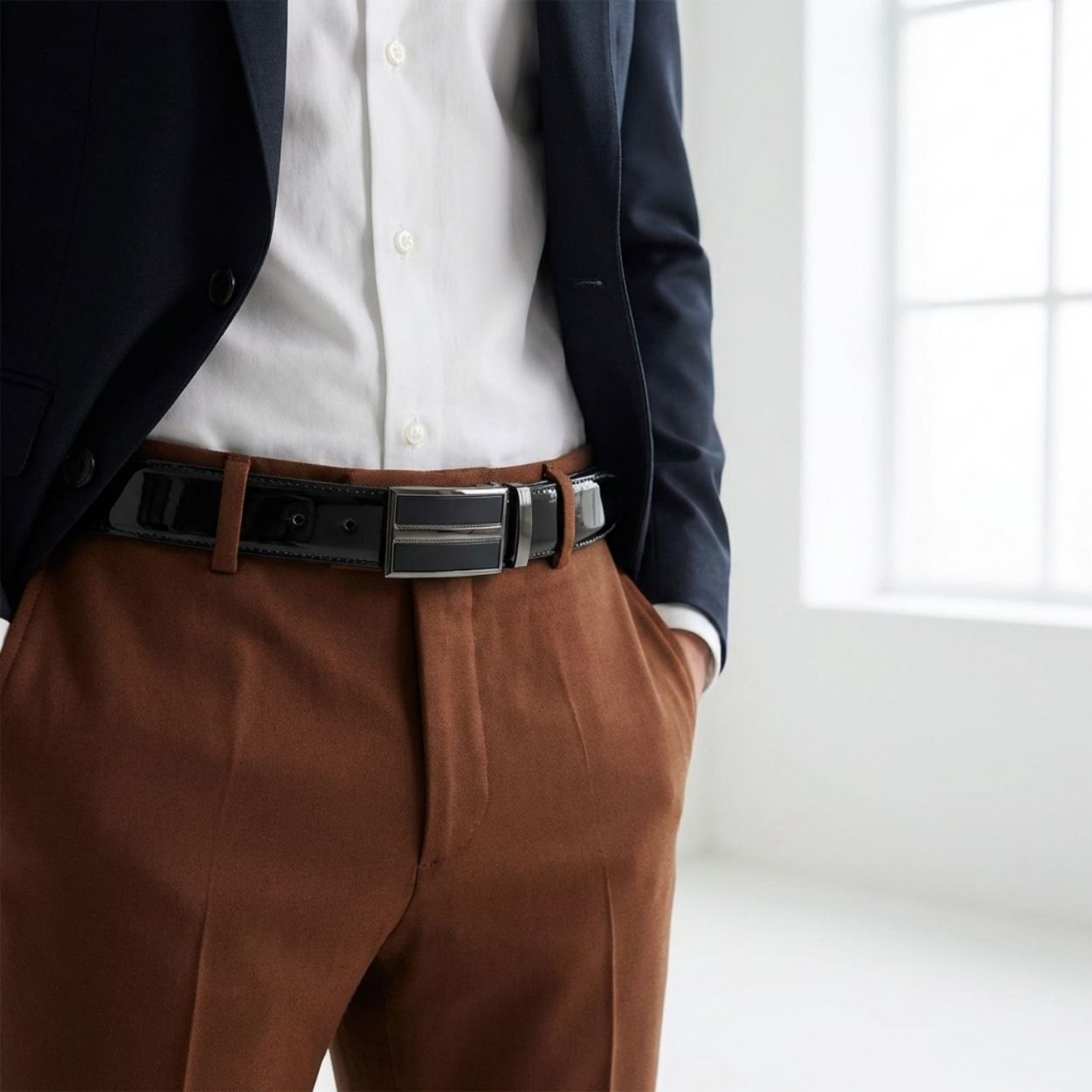 WILLIAM - Men's Black Patent Reversible Genuine Leather Belt with Shield Buckle - BeltNBags