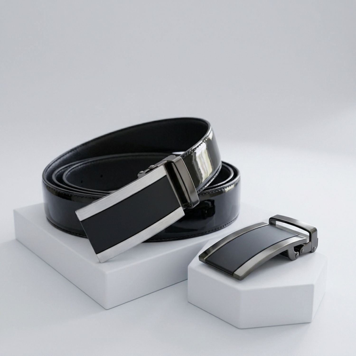 WILLIAM - Men's Black Patent Reversible Genuine Leather Belt with Shield Buckle