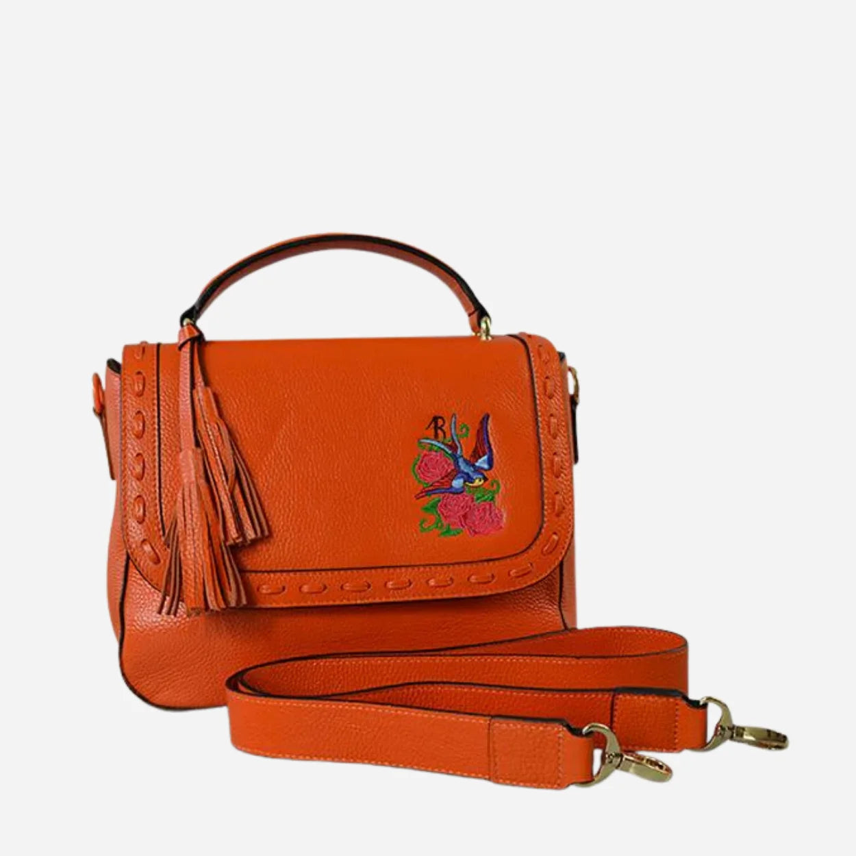 YAMBA - Ladies Embroidered Orange Leather Structured Crossbody Bag