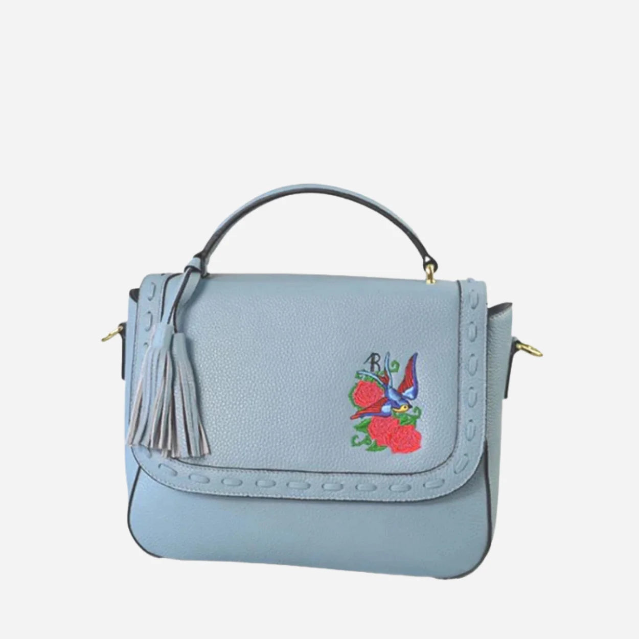 YAMBA - Addison Road Embroidered Blue Pebbled Leather Structured Crossbody Bag