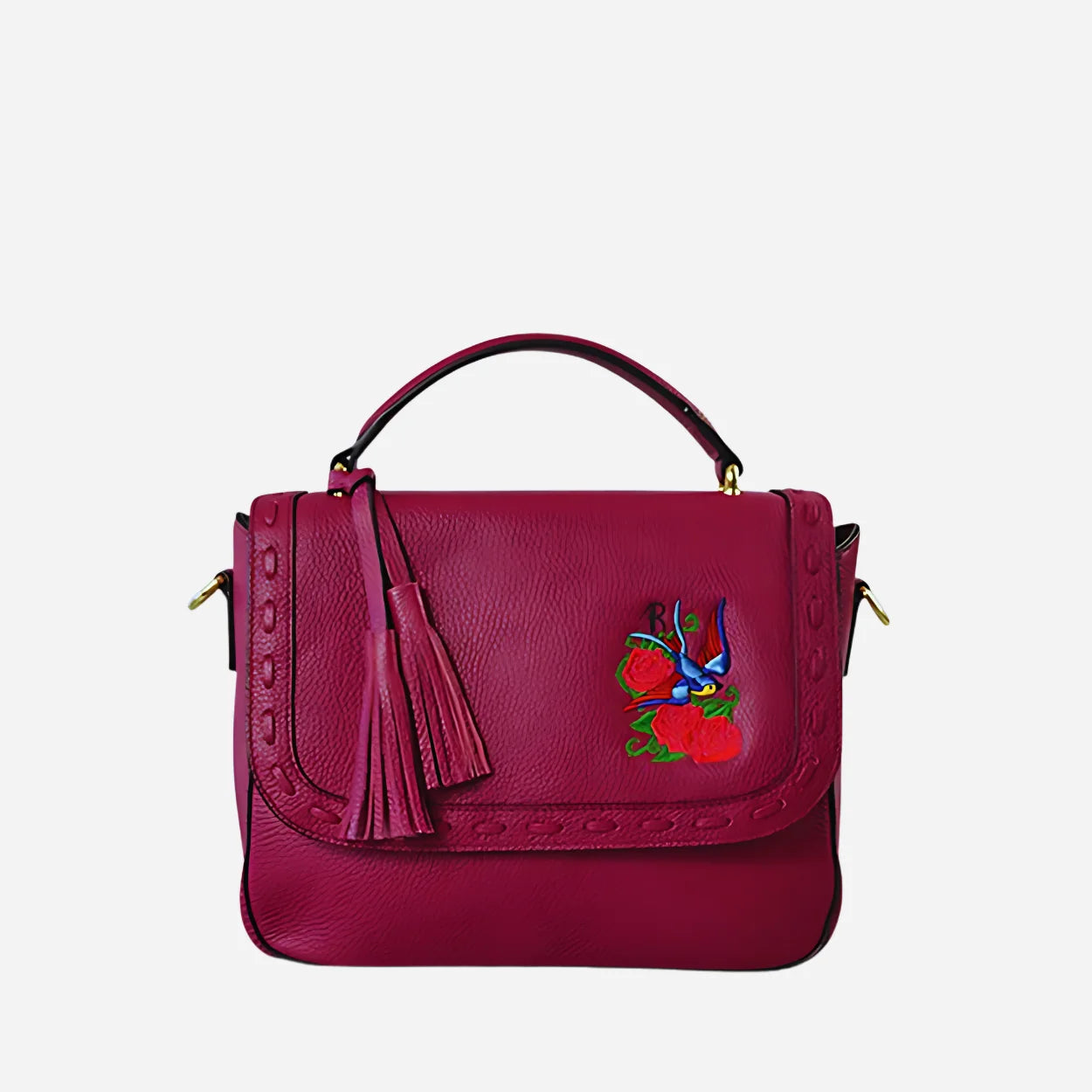 YAMBA - Addison Road Embroidered Magenta Pebbled Leather Structured Crossbody Bag