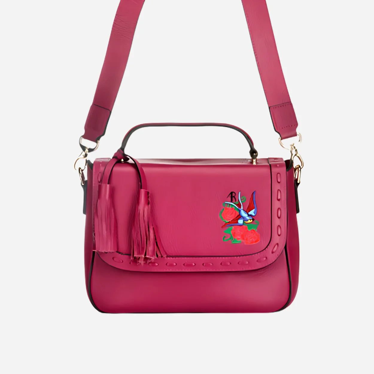 YAMBA - Addison Road Embroidered Magenta Pebbled Leather Structured Crossbody Bag