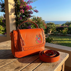 YAMBA - Ladies Embroidered Orange Leather Structured Crossbody Bag - BeltNBags