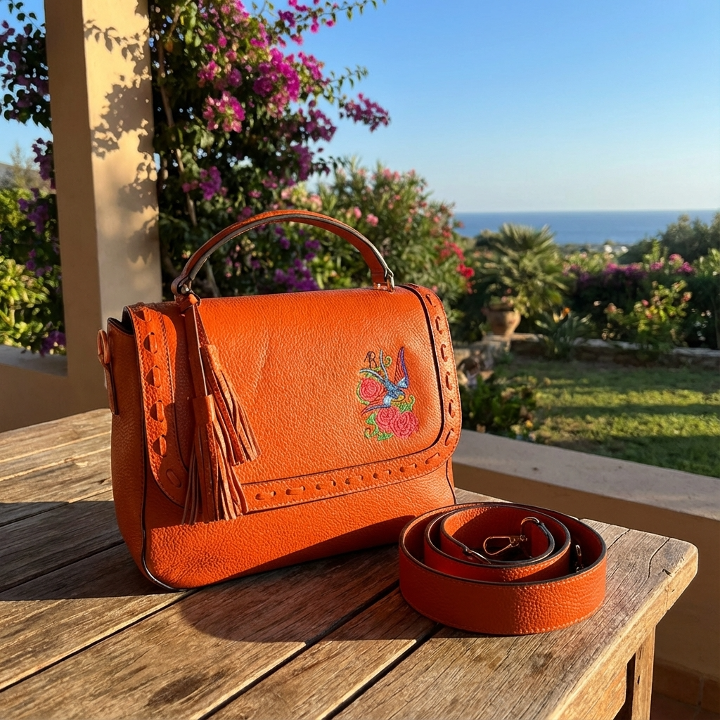 YAMBA - Ladies Embroidered Orange Leather Structured Crossbody Bag