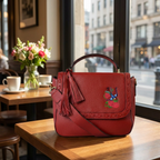 YAMBA - Addison Road Embroidered Red Pebbled Leather Structured Crossbody Bag - BeltNBags